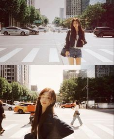 two pictures of a woman standing in the middle of a street with cars and buildings behind her