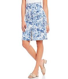 A Loves A Floral Print Denim Pencil Skirt Summer Knee-length Lined Skort, Spring Knee-length Flowy Skort, Flowy Knee-length Skort For Spring, Spring Knee-length Lined Skort, Summer Knee-length Flowy Skort, Casual Knee-length Skort For Spring, Casual Knee-length Skort For Summer, Relaxed A-line Skort For Spring, Summer A-line Stretch Bottoms