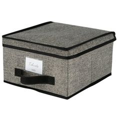 a gray and black storage box with a label on the lid that says, thanks