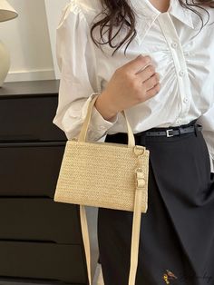 BirdinBag - Compact Woven Straw Handbag with Adjustable Shoulder Strap - Perfect for Min Vacations Paper Sizes Chart, Straw Handbags, Word Wrap, Bag Bag, Color Khaki, Straw Bag, Adjustable Straps, Straw, Shoulder Strap