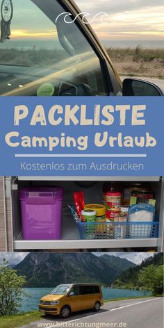 a yellow van parked on the side of a road next to a blue sign that says packliste camping urlaub