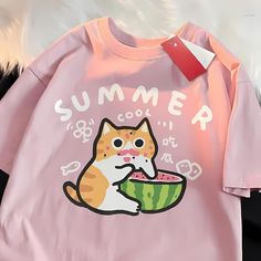 Size chart: Watermelon Cartoon, Tshirt Aesthetic, Cat Handbags, Eating Watermelon, Cat Lamp, Cat Eating, Watermelon Summer, Summer Cartoon, Cute T Shirts