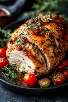 Herb-roasted chicken garnished with fresh thyme and cherry tomatoes. Turkey Breast Roast Recipes, Turkey Breast Recipes Thanksgiving, Thanksgiving Turkey Breast Recipes, Braised Recipes, Turkey Breast Roast, Gf Thanksgiving, Herb Roasted Turkey Breast, Orange Bread Recipe