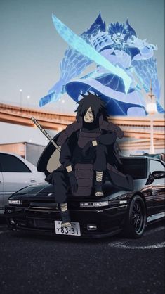 an anime character sitting on top of a car in front of another character with two swords