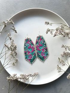 Turquoise Pink Beaded Earrings Fringe Seed Bead Earrings - Etsy Ukraine Turquoise Earrings With Tiny Beads For Gift, Turquoise Drop Beaded Earrings With Tiny Beads, Turquoise Beaded Earrings For Gifts, Abstract Earrings, Pink Turquoise, Seed Bead Earrings, Earring Gifts, Beaded Earrings, Seed Beads