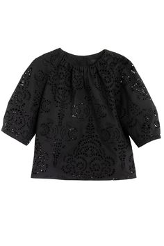 Structured blouse with voluminous short sleeves in an intricate openwork cotton lace. Elegant pleat detail at neck. Semi sheer. Unlined. Made in New York City. Fabric is 100% cotton. Avery is 5'10", bust 31", waist 24", hip 35", and is wearing a size S. Chic Fitted Blouse With Cutwork Hem, Chic Cotton Blouse With Cutwork Hem, Elegant Short Sleeve Tops With Cutwork Hem, Elegant Short Sleeve Cotton Lace Top, Short Sleeve Broderie Anglaise Blouse For Daywear, Summer Broderie Anglaise Lace Top With Short Sleeves, Summer Lace Top With Broderie Anglaise Short Sleeves, Short Sleeve Blouse With Broderie Anglaise For Daywear, Summer Short Sleeve Lace Top With Broderie Anglaise