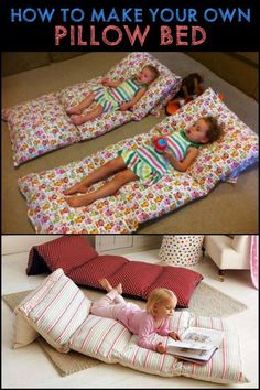 two children laying on pillows with the words how to make your own pillow bed