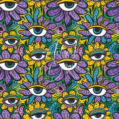 an artistic pattern with many different colored eyes and flowers on the bottom half of it