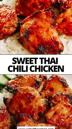 two pictures of chicken and rice with the words sweet thai chilli chicken on top