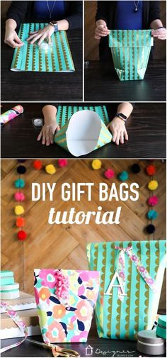 diy gift bags with tissue paper and pom poms on the bottom, sitting on top of a table