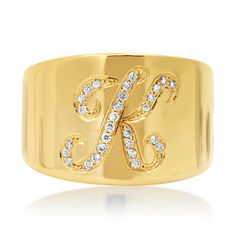 Diamond Initial Cigar Band Ring Classic Diamond Initial Stackable Ring, Classic Diamond Stackable Initial Ring, Classic Stackable Diamond Initial Ring, Classic Initial Ring With Diamond Accents And Cubic Zirconia, Classic Cubic Zirconia Initial Ring, Elegant Diamond Stackable Initial Ring, Classic Yellow Gold Initial Ring With Cubic Zirconia, Classic Yellow Gold Cubic Zirconia Initial Ring, Classic Gold Initial Ring With Cubic Zirconia