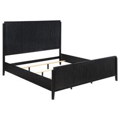 a black bed frame with wooden slats