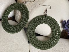 "\"Adeline\" handmade crochet earrings.  A statement piece of jewellery that will brighten up your outfit.  Made from 100% cotton yarn. Circle width: 5cm Drop length: 7.5cm  Color seen here: Army Colour can be personalised - for options please refer to colours tables." Beach Crochet Jewelry In Green, Green Crochet Jewelry, Handmade Green Hoop Earrings For Beach, Bohemian Crochet Earrings For Beach, Army Colors, Earrings Circle, Earrings Bohemian, Colorful Table, Earrings Unique