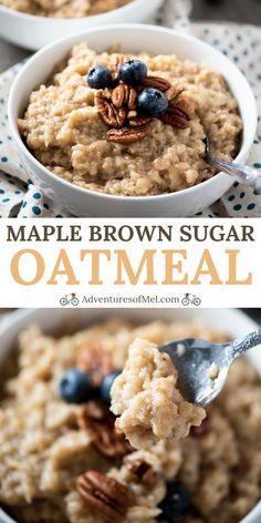 maple brown sugar oatmeal with blueberries and pecans in a bowl