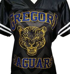 a women's black and gold tiger jersey with the word regal jaguar on it