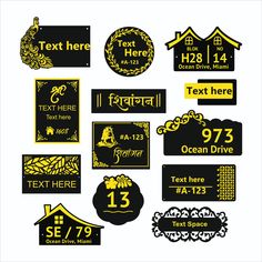 some black and yellow stickers are on a white background with the words text here