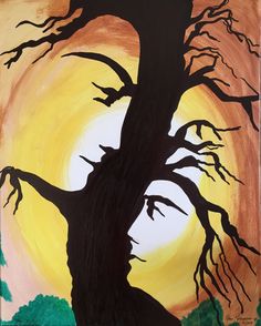 a painting of a tree with the sun in the background