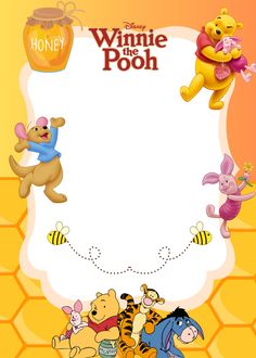 winnie the pooh birthday card with honey pot and other cartoon characters on yellow background