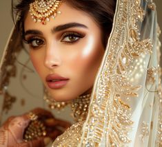 a woman wearing a bridal veil and jewelry