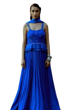 Electric blue padded gown with an attached can-can featuring moti hand work on the yoke. Paired with an organza dupatta. - Aza Fashions Sleeveless Blue Dress For Reception, Blue Dresses With Fitted Bodice For Reception, Blue Sleeveless Gown With Pleated Bodice, Blue Evening Dress For Reception, Blue Dress With Fitted Bodice For Festive Season, Blue Festive Evening Dress For Reception, Blue Evening Dress For Festive Reception, Festive Sleeveless Blue Gown, Formal Blue Floor-length Lehenga