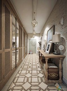 the hallway is decorated in beige and white