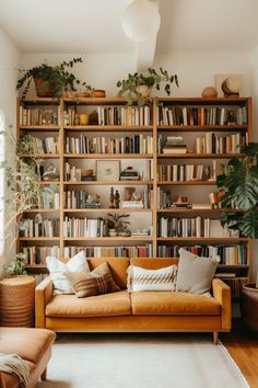 a living room filled with lots of bookshelves and plants on top of them