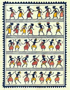 an ancient painting with people dancing and holding hands in different directions, on white paper