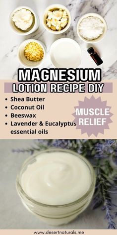 Magnesium Lotion Recipe DIY for sore muscles.  Learn how to make your own magnesium lotion with this simple DIY recipe. Magnesium lotion is a popular natural remedy known for its potential to alleviate sore muscles, muscle cramps, improve sleep quality, and boost overall relaxation and lower stress.  This homemade skincare  recipe is toxin free and uses shea butter, beeswax, and lavender and eucalyptus essential oils to boost effectiveness for sore muscles. Diy Magnesium Lotion, Magnesium Lotion Recipe, Magnesium Butter, Homemade Lotion Recipe, Sore Muscle Relief, Homemade Skincare, Sore Muscle, Magnesium Lotion, Muscle Cramps