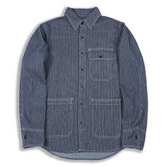 Charm Striped Cargo Pockets Denim Shirt Features：  Product ID:LS0056 Material:Cotton Season:Spring,Autumn,Winter Color:Dark Blue,Denim Blue,White  Size Chat： Overalls Casual, Western Denim Shirt, White Stripes Shirt, Denim Shirts, Cargo Shirts, Mens Stripes, Stripe Shirt, Formal Shirts For Men, Casual Stripes