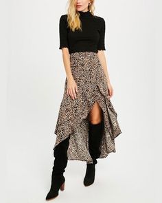 Animal Print Asymmetrical High Low Skirt – shophearts High Low Skirt Outfit, Leopard Maxi Skirts, Printed Pleated Skirt, Skirts With Boots, High Low Skirt, Online Clothing Boutiques, Printed Maxi Skirts, Body Dress, Asymmetrical Skirt