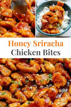 honey sriraca chicken bites with rice and sauce