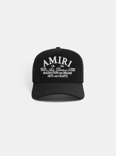 AMIRI Arts District Trucker Hat in Black Classic Hats With Logo Print For Streetwear, Classic Logo Print Hat For Streetwear, Black Hat With Logo Print And Flat Brim, Black Hat With Embroidered Logo And Curved Visor, Classic Short Brim Baseball Cap For Streetwear, Vintage Black Hat With Curved Bill, Black Curved Brim Baseball Cap With Embroidered Logo, Black Hat With Letter Print And Curved Visor, Classic Black Baseball Cap With Logo Print