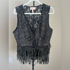 Western Meets Bohemian Glam. Stunning Beaded Vest With Lace Back. Hook And Eye Closure. Excellent Condition. Never Worn. Spring Fitted Tops With Beaded Fringe, Spring Fitted Top With Beaded Fringe, Bohemian Beaded Tops For Night Out, Fitted Embellished Vest For Fall, Bohemian Fitted Vest For Party, Fitted Bohemian Vest For Party, Spring Beaded Fitted Vest, Spring Fitted Beaded Vest, Fitted Beaded Vest For Spring