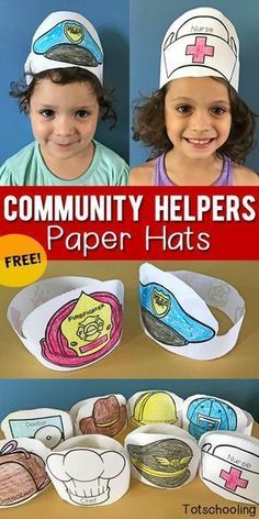 two children's hats with the words community helpers and paper hats on them