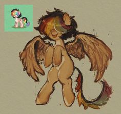 a drawing of an angel with wings on it's back and a pony in the background