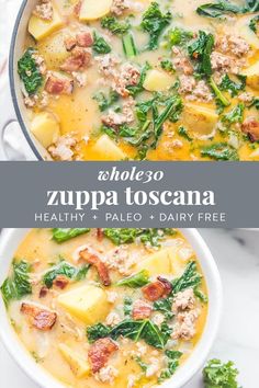 two bowls filled with zuppa toscana and spinach