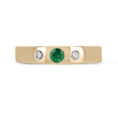 This band ring features a delicate round-cut emerald as its centerpiece, flanked by two brilliant round-cut diamonds that create a lovely three-stone look within the band. All three stones are securely bezel-set in 14k gold, adding durability and elegance to the design. The petite size of the emerald and diamonds makes this ring perfect for stacking with other rings, allowing for a customized and personalized look.  Setting Style: Bezel-Three Stone Setting Material: 14K Yellow Gold Setting Weigh Green Diamond Birthstone Ring With Round Band, Green Diamond Ring With Round Band, Green Emerald Ring With Single Cut Diamonds For Promise, Emerald Green Promise Ring With Single Cut Diamonds, Three Stone Emerald Promise Ring With Round Cut, Three Stone Emerald Birthstone Ring, Emerald Three-stone Birthstone Ring, Three-stone Emerald Birthstone Ring, Anniversary May Birthstone Emerald Ring With Single Cut Diamonds