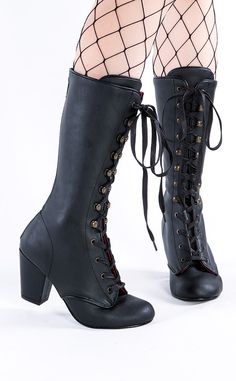 Step out in vintage style in the VIVIKA-205 boots! These cute mid-calf lace-up boots feature a classic Victorian shape that secures with ribbon lace-ups and a rear zip. Perfect with anything from ballgowns to skinny jeans. The Vivika series features a 3-inch block heel. Material: 100% vegan PU leather. US women's sizing-refer to size chart for more info. Vampire Heels, Black Victorian Boots, Goth Boots Women, Boots Reference, Steampunk Casual, Black Steampunk, Steampunk Shoes, Demonia Boots, Pirate Boots