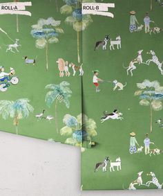 two green wallpapers with dogs and people on them