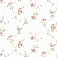 a white wallpaper with pink flowers and green leaves on the bottom half of it