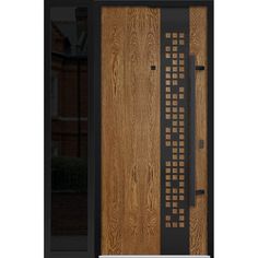 a wooden door with metal grates on the front and side panels that are made out of wood