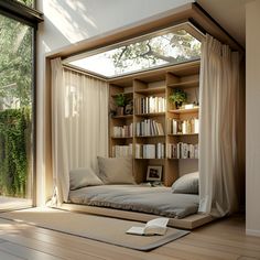 a bed sitting in the middle of a room next to a book shelf filled with books