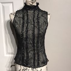 The Limited Silk Black Metallic Top Blouse Sz M Nwot- Mesh- See Through Striped High Neck Shiny Silver Sheer Sleeveless Striped Ruffle Raw Trim Club Dance Night Out Cocktail Party Sexy Hot Crop Tee Tank Cami Fits Small Mannequin Is Sz S All Sales Are Final Stretch Grunge Party Tops, Stretch Grunge Tops For Party, Edgy Tops For Halloween Party, Grunge Halloween Party Tops, Alternative Sleeveless Party Top, Sleeveless Grunge Party Top, Y2k Fitted Evening Top, Fitted Y2k Evening Tops, Y2k Tops For Halloween Night Out