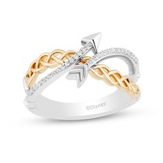 Entwining elegance and fun, this diamond Celtic braid and arrow ring from the Enchanted Disney Fine Jewelry Collection celebrates the 10th anniversary of Disney's Brave. Created in sterling silver and warm 10K gold A curved braided ribbon shines in warm yellow gold. The arrow head and tailfeather punctuate bypassing diamond-lined ribbons. This crossover ring captivates with 1/10 ct. t.w. of diamonds. Your collector's edition style arrives with a certificate of authenticity. ©Disney Disney Engagement Rings Zales, Disney Style Sterling Silver Jewelry Gift, Disney Princess Rings Zales, Tinker Bell Jewelry Rings, Rings Disney, Brave Jewelry, Celtic Braid, Braided Ribbon, Enchanted Disney