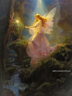 a painting of a fairy holding a light in her hand and standing on a cliff