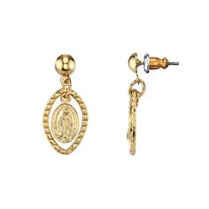 Featuring Mother Mary medallions, these drop earrings are an inspired addition to your jewelry collection.EARRING DETAILS Length: 1 in. Backings: post Base metal: alloy Plating: gold tone Not appropriate for children 14 years old and younger. Size: One Size. Color: Yellow. Gender: female. Age Group: adult. Virgin Mary Earrings, Symbols Of Faith, 1928 Jewelry, Faith Jewelry, Porcelain Roses, Lady Of Guadalupe, Medallion Necklace, Antique Inspiration, Cross Earrings