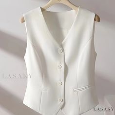 Lasaky - V-Neck Sleeveless Vest with Button Front Detail - Sophisticated Womens Fashion Piece Women Suit Vest, Waistcoat Fashion, Slim Vest, Linen Vest, Long Kurti Designs, Sleeveless Jacket, Stylish Clothes For Women, Pink Linen, Plus Size Kleidung