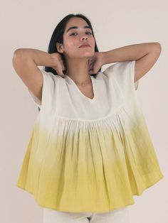 Golden Hour Blouse TOPS IKKIVI Drop Shoulder Blouse, Luxury Clothing Brands, Gathered Top, Yellow Ombre, Organic Nature, The Fine Print, The Golden Hour, Dip Dyed, Fine Print