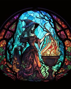 a stained glass window with a witch holding a caulder full of fire in it