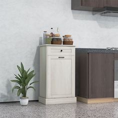 a white cabinet sitting next to a potted plant on top of a kitchen counter